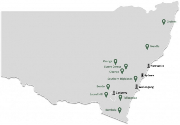 뉴사우스웨일즈주 산림공사가 재생 에너지 생산 가능 지역으로 분류한 플랜테이션 부지 10곳(사진=뉴사우스웨일즈주 산림공사)