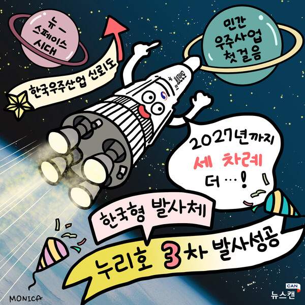  누리호 3차 발사 성공으로 한국은 우주 7대 강국에 올랐다. [일러스트= 뉴스캔 배모니카 기자]