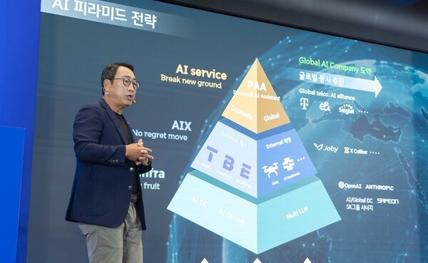 유영상 SKT 대표가 SK T 타워에서 개최된 AI 사업전략 기자간담회에서 설명을 하고 있다. [사진=SKT 제공]